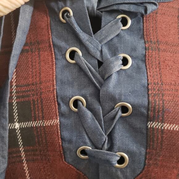 Plaid and Chambray Half Sleeve Grommet Placket Shirt Tail Hem Boho Tunic Dress - Picture 10 of 12